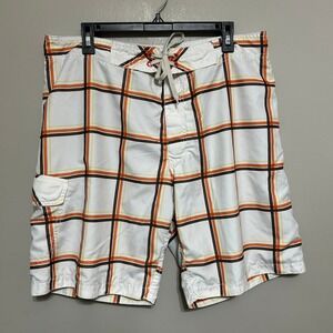 Old Navy Men Swim Trunks L Plaid White Orange Brown Drawstring Resort Swim Beach